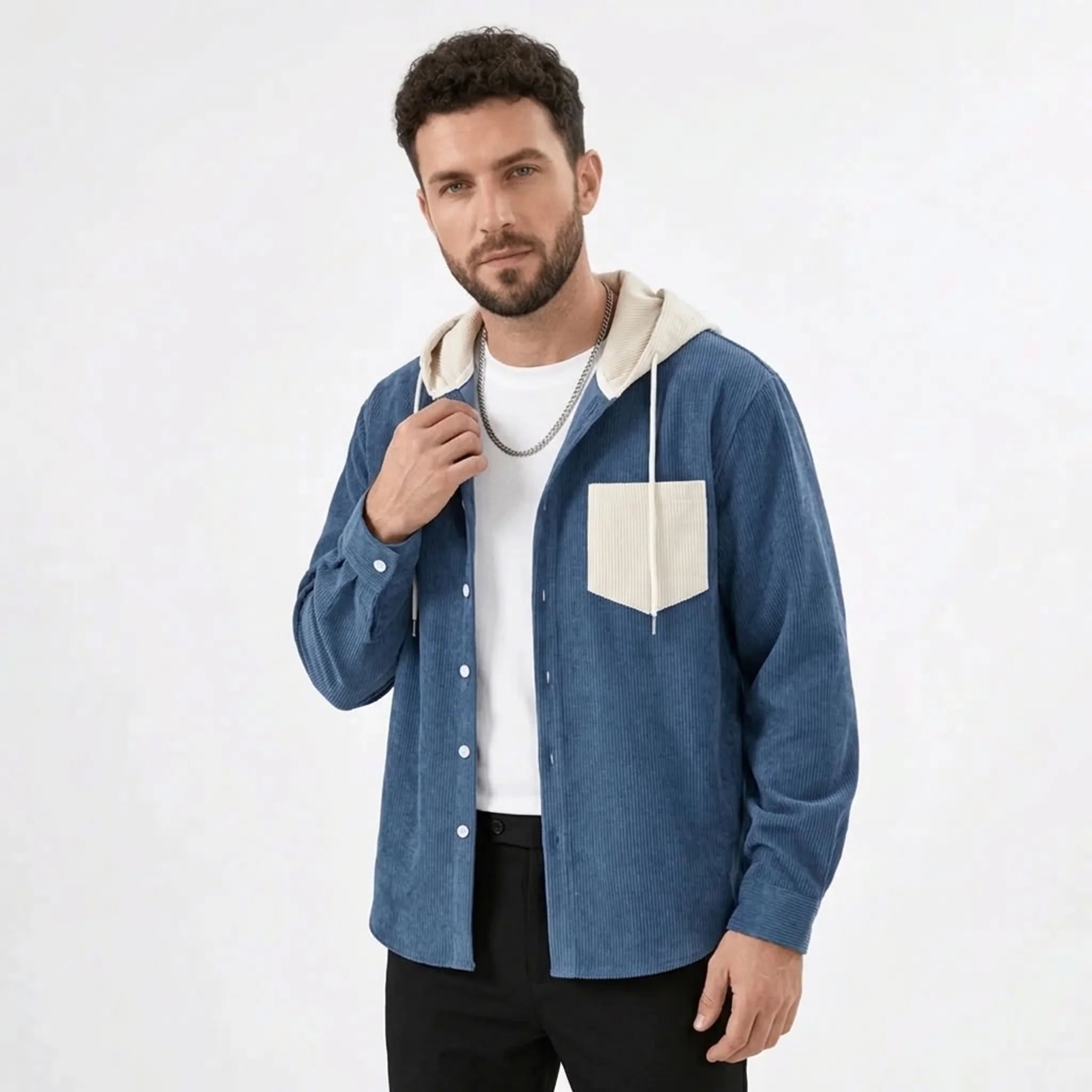 Denim blue corduroy hooded shirt jacket, model front view buttoned