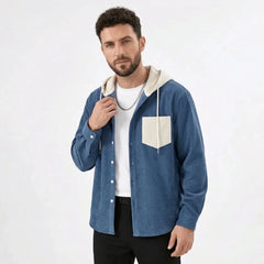Denim blue corduroy hooded shirt jacket, model front view buttoned