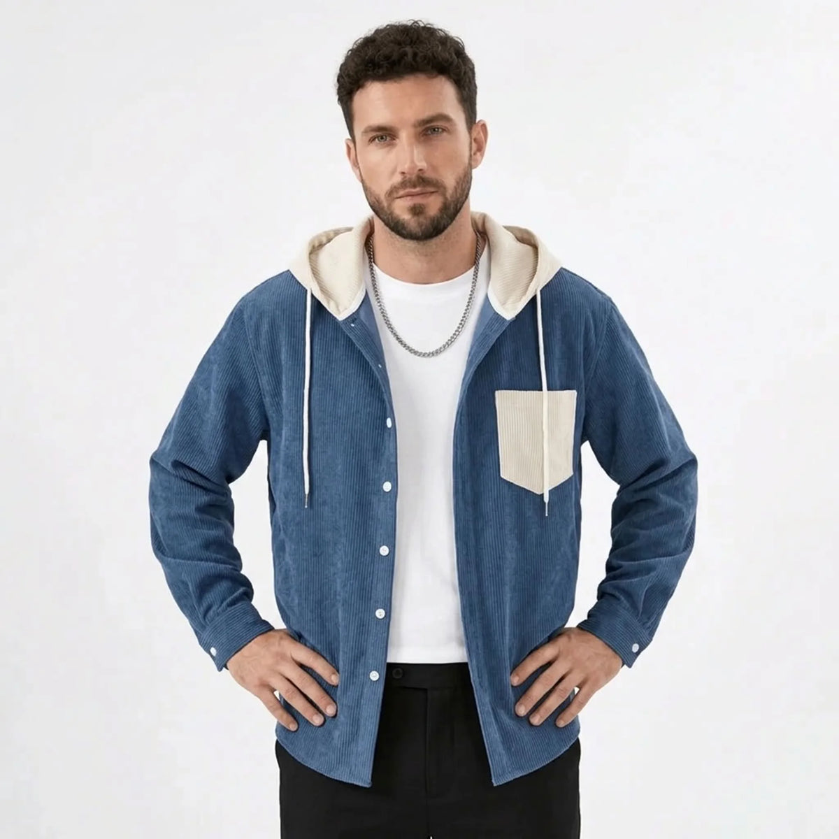 MannerCo men's denim blue corduroy hooded shirt jacket with cream contrast hood, model front view