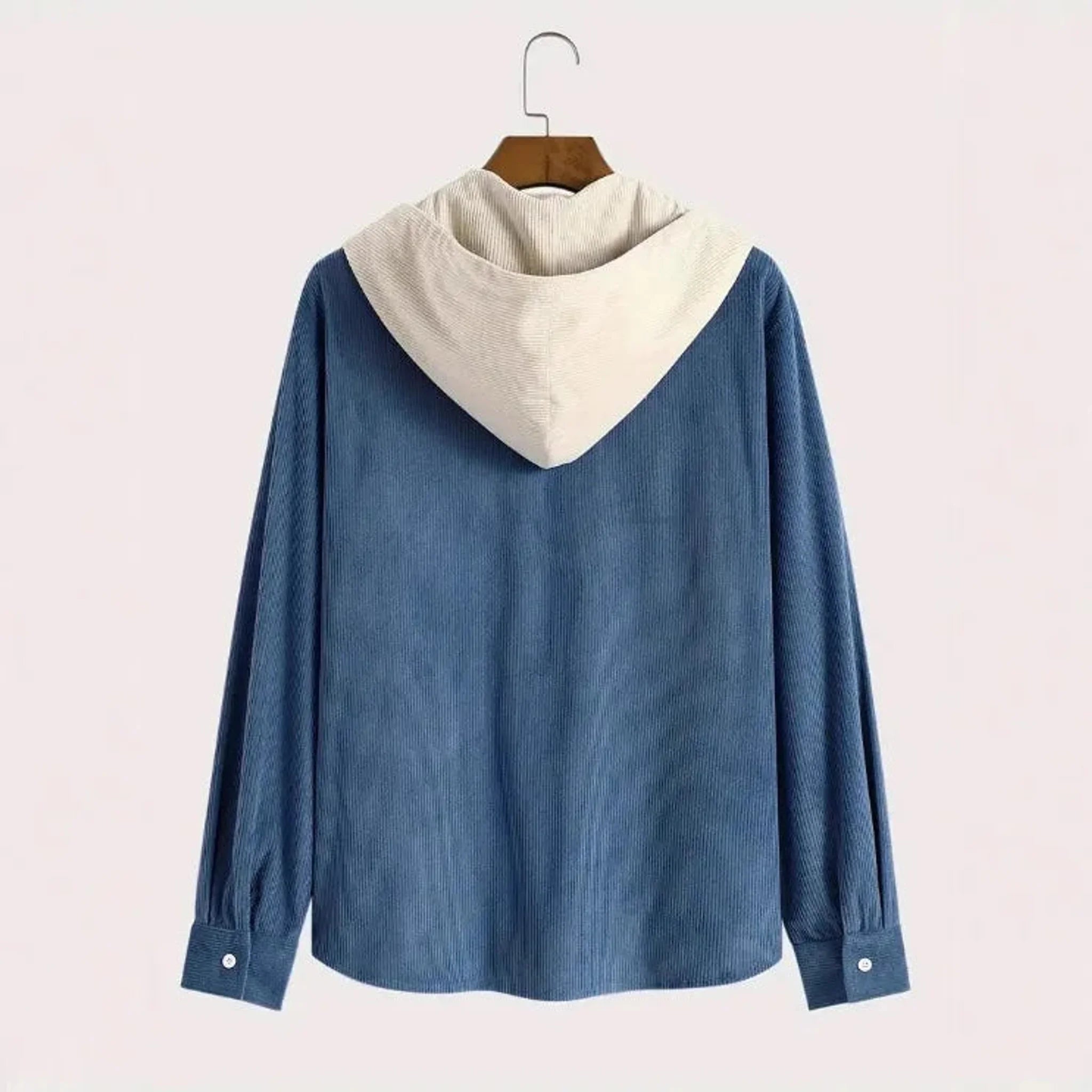 Denim blue corduroy hooded shirt jacket, product back view