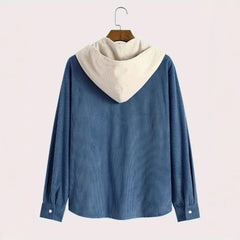 Denim blue corduroy hooded shirt jacket, product back view