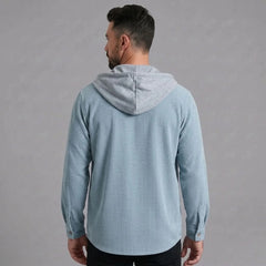 Light blue corduroy hooded shirt jacket, back view with contrast hood