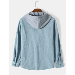 Light blue corduroy hooded overshirt on a hanger, back