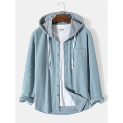 Light blue corduroy hooded overshirt on a hanger, front