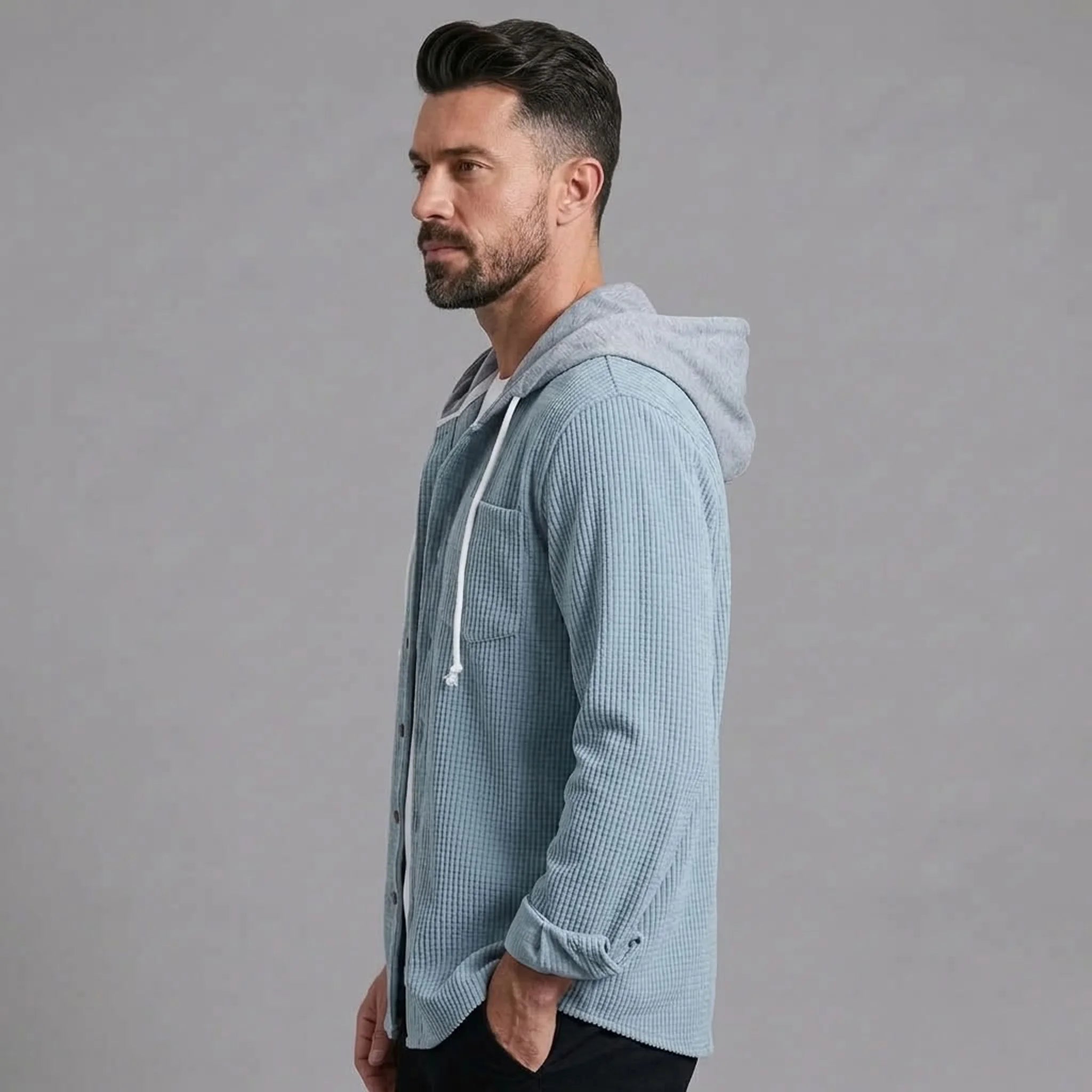 Light blue corduroy hooded shirt jacket, side view