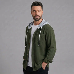 Olive green corduroy hooded shirt jacket, three-quarter view