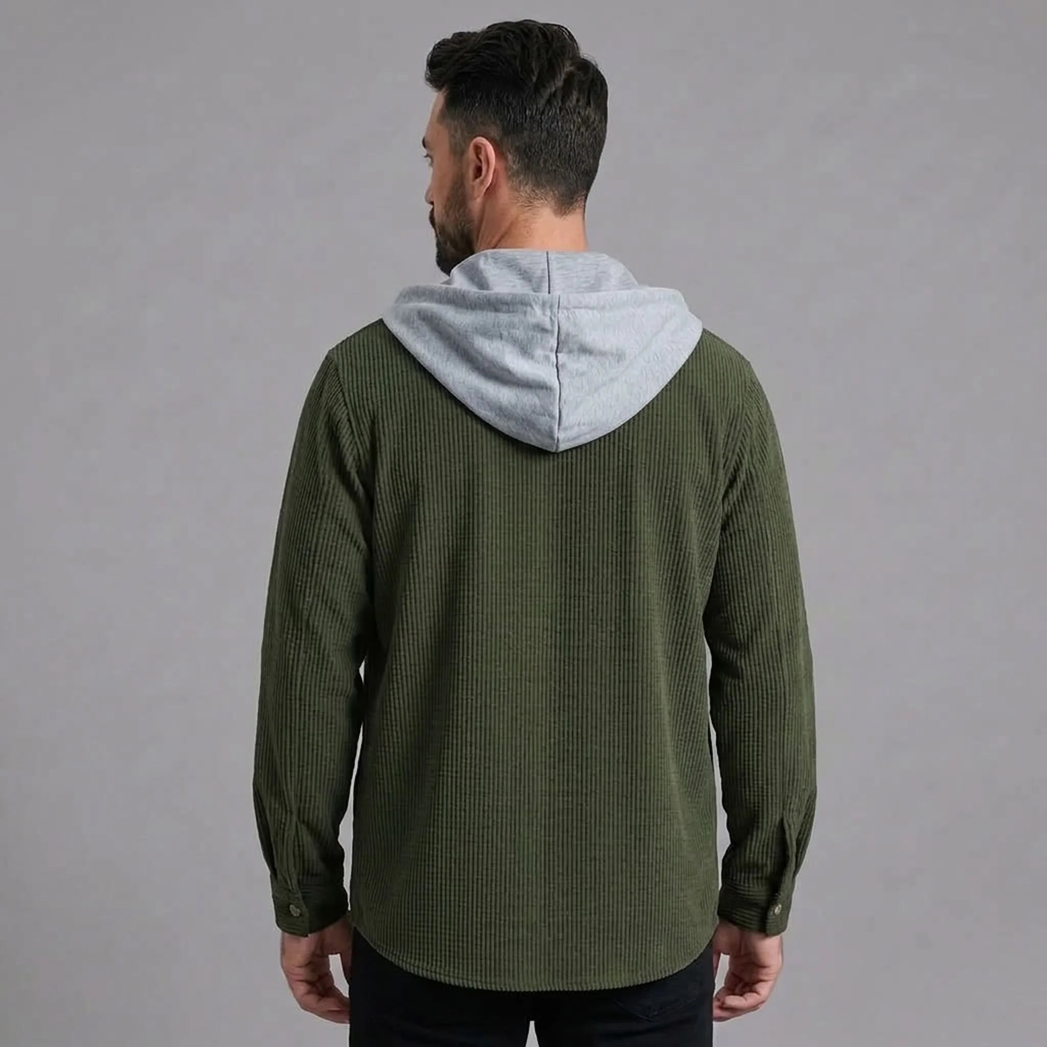 Olive green corduroy hooded shirt jacket, back view with contrast hood
