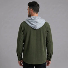 Olive green corduroy hooded shirt jacket, back view with contrast hood