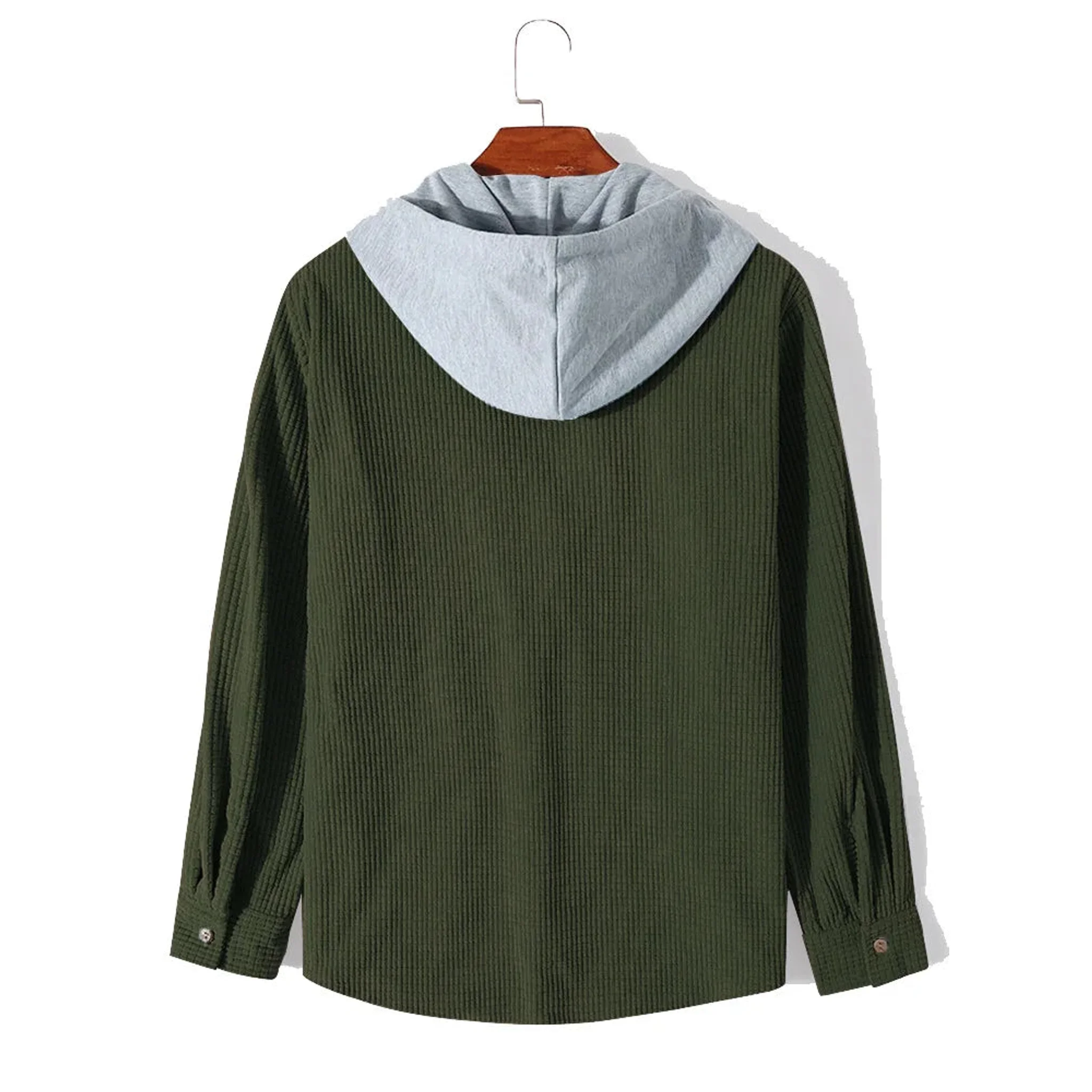 Olive green corduroy hooded overshirt on a hanger, back