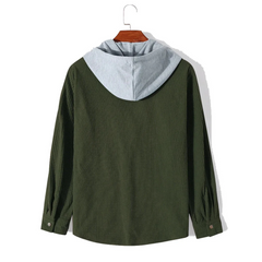 Olive green corduroy hooded overshirt on a hanger, back