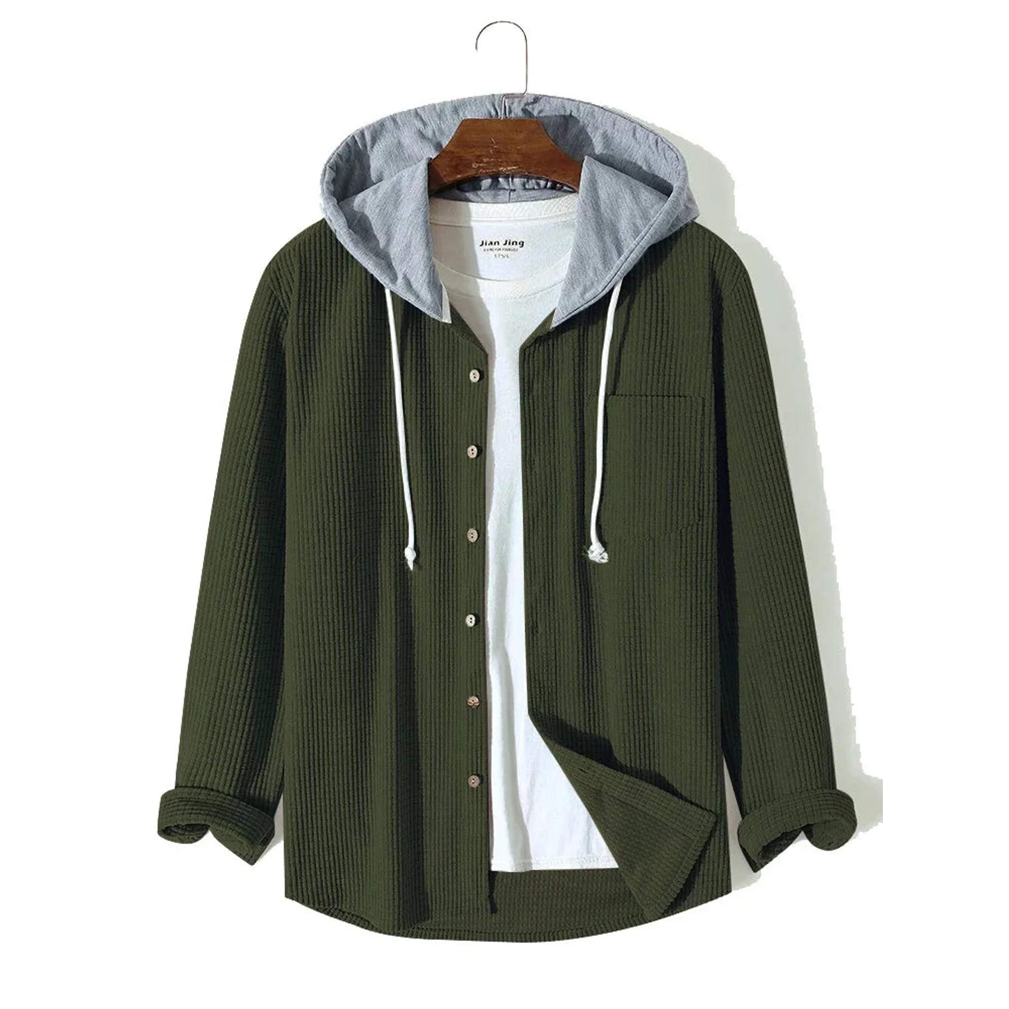Olive green corduroy hooded overshirt on a hanger, front