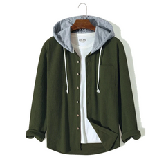 Olive green corduroy hooded overshirt on a hanger, front