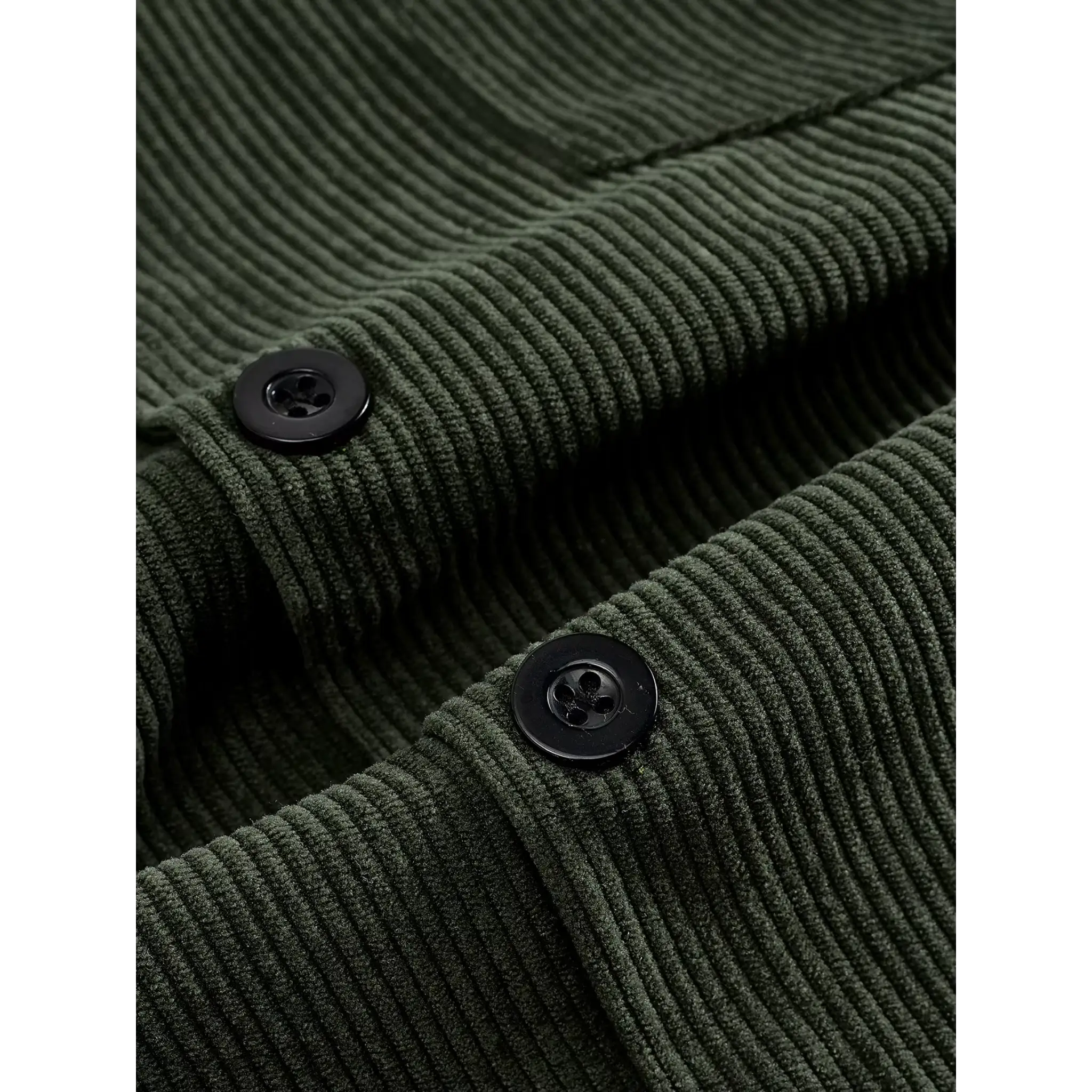 Army green corduroy jacket close-up of button placket