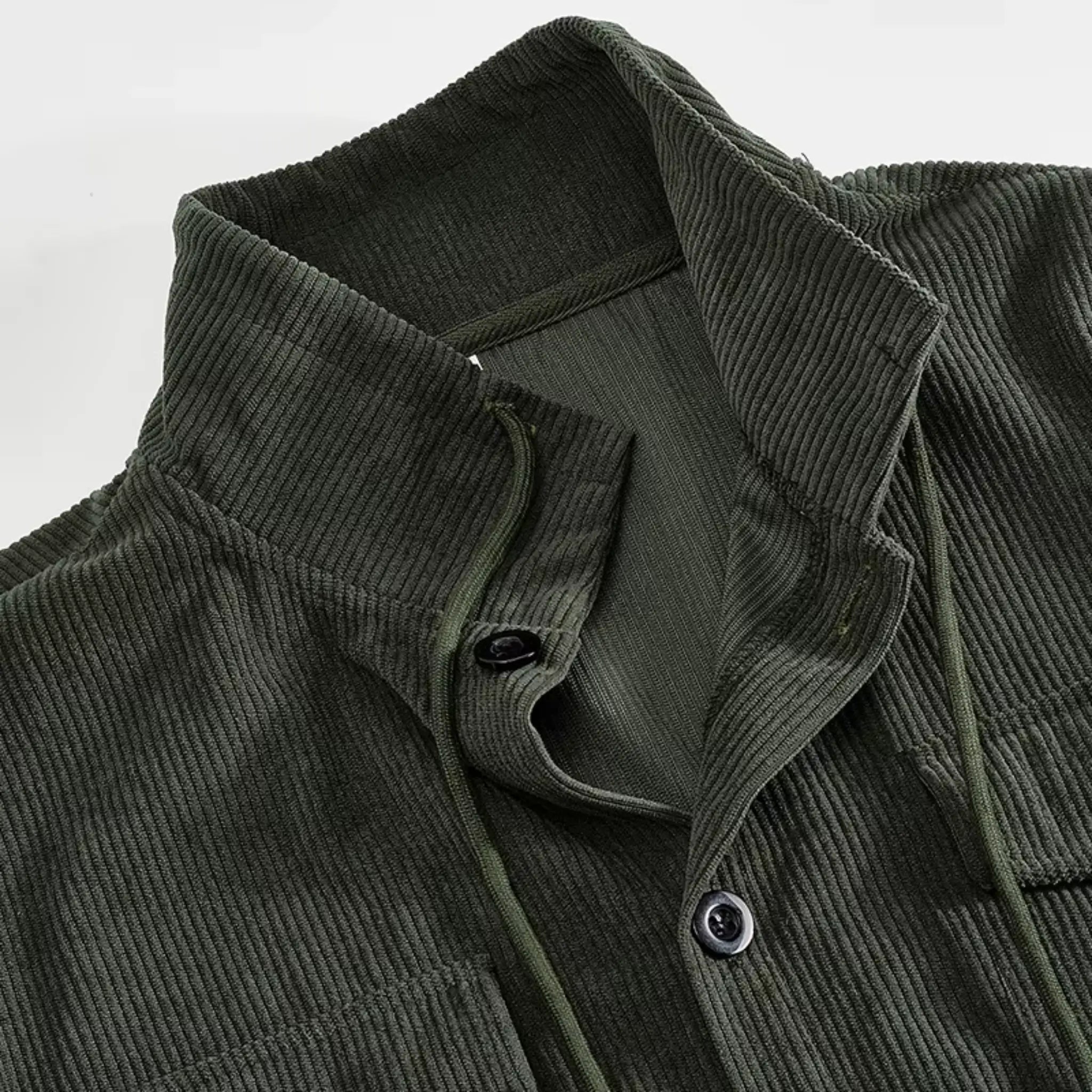 Army green corduroy jacket close-up of stand collar and drawstring