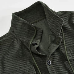 Army green corduroy jacket close-up of stand collar and drawstring