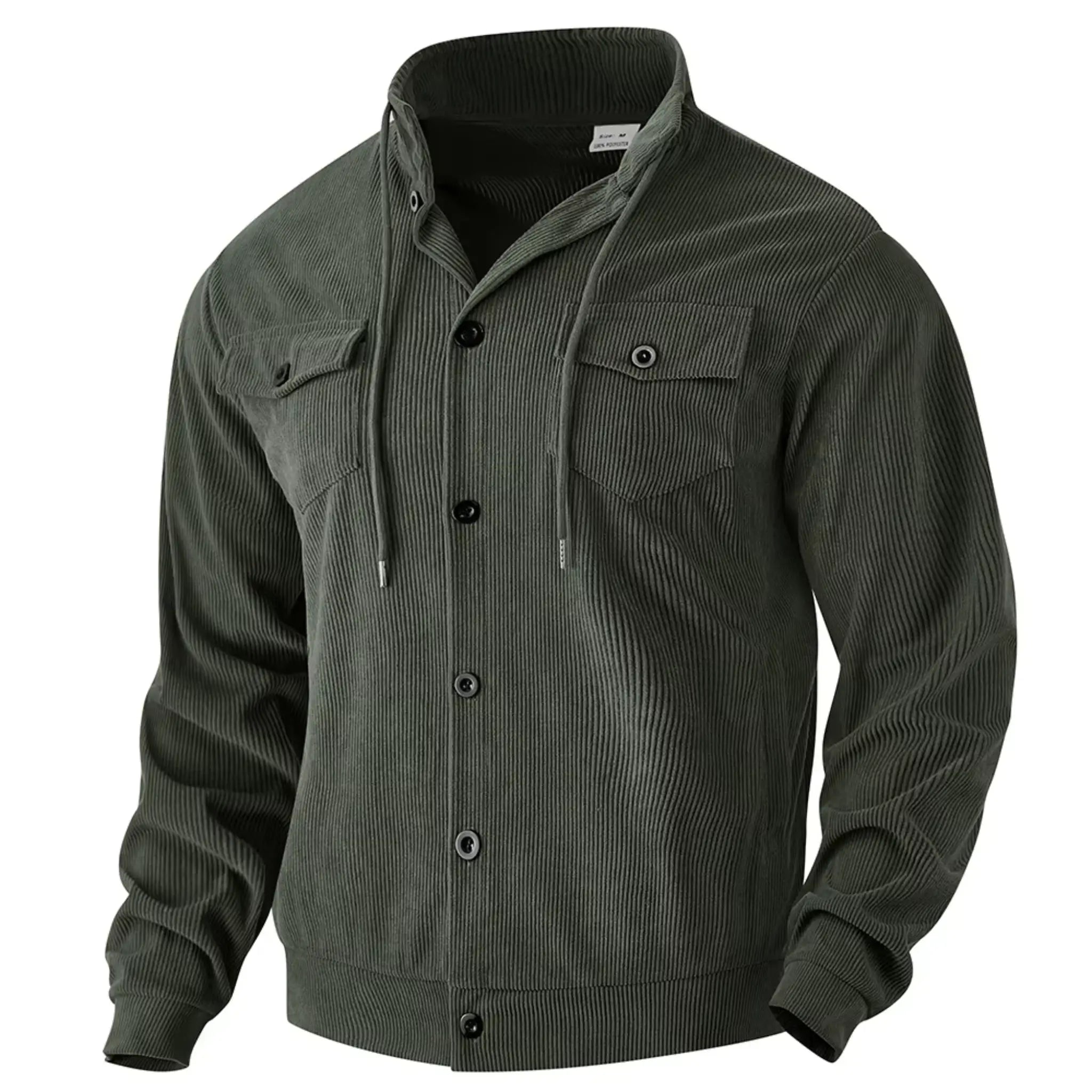 Army green corduroy jacket flat lay, angled front view