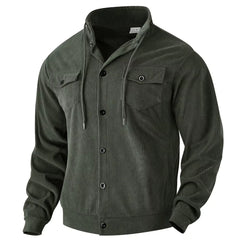Army green corduroy jacket flat lay, angled front view