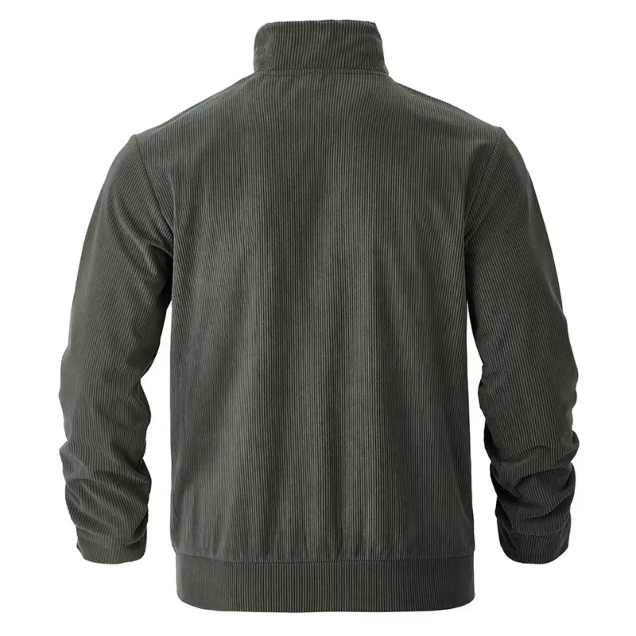 Army green corduroy jacket flat lay, back view with ribbed hem