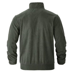 Army green corduroy jacket flat lay, back view with ribbed hem
