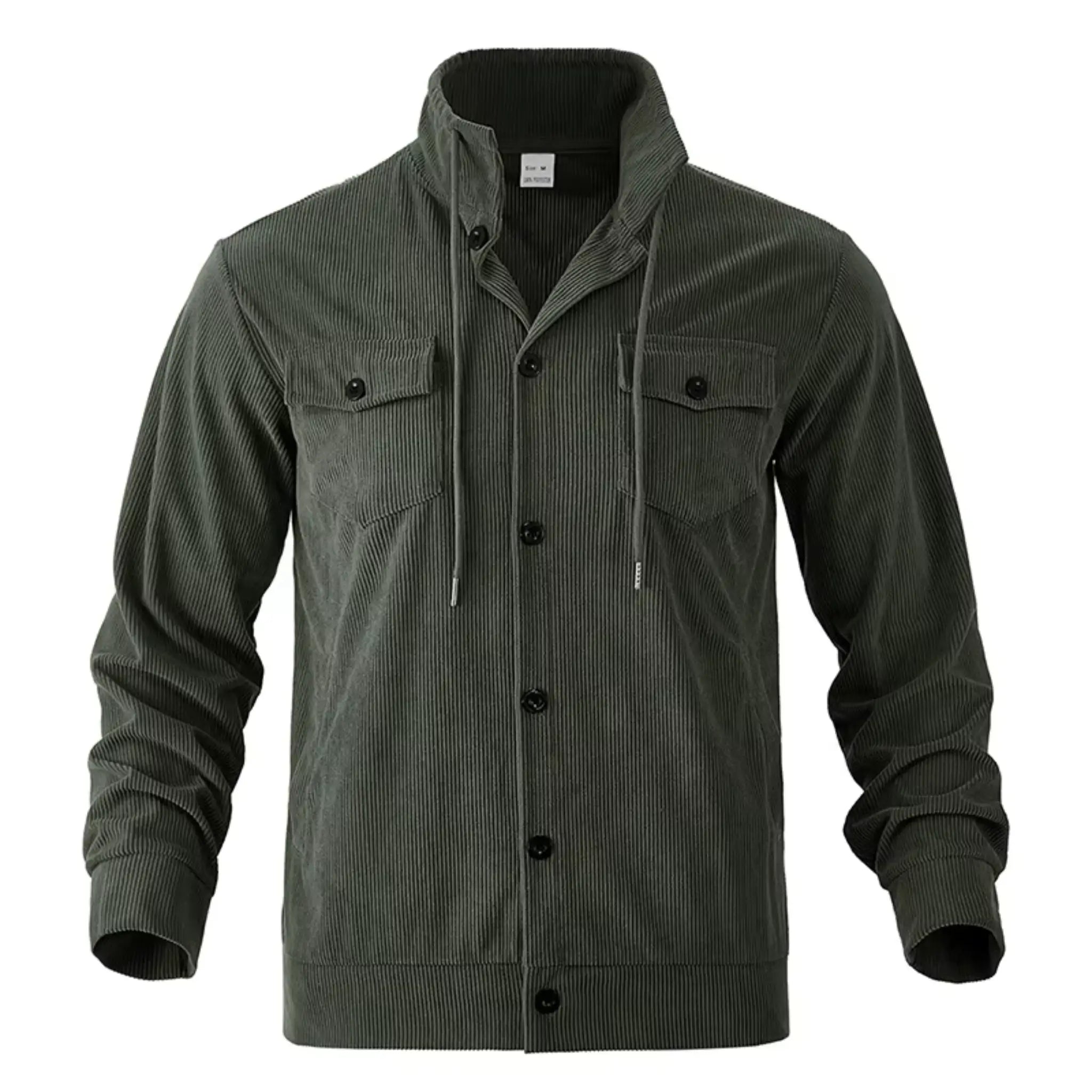 Army green corduroy jacket flat lay showing stand collar and chest flap pockets