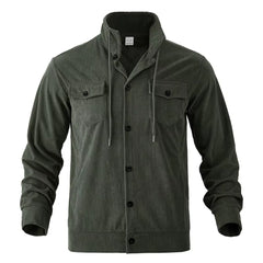 Army green corduroy jacket flat lay showing stand collar and chest flap pockets