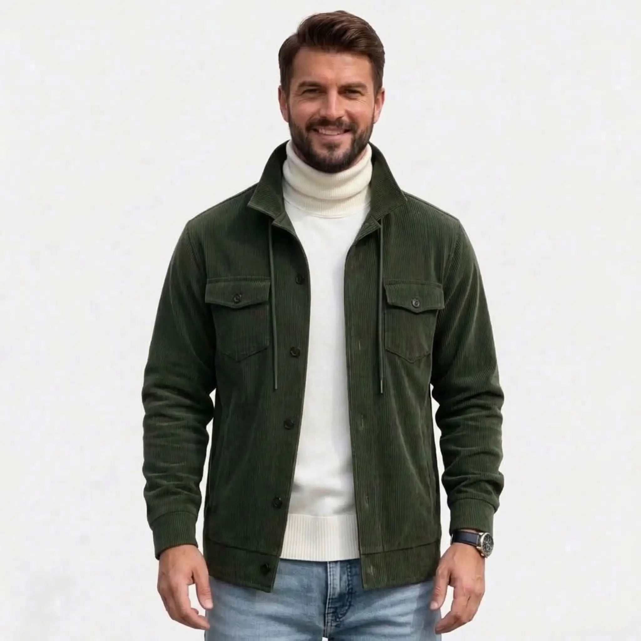 Men's army green corduroy jacket, front view over white turtleneck