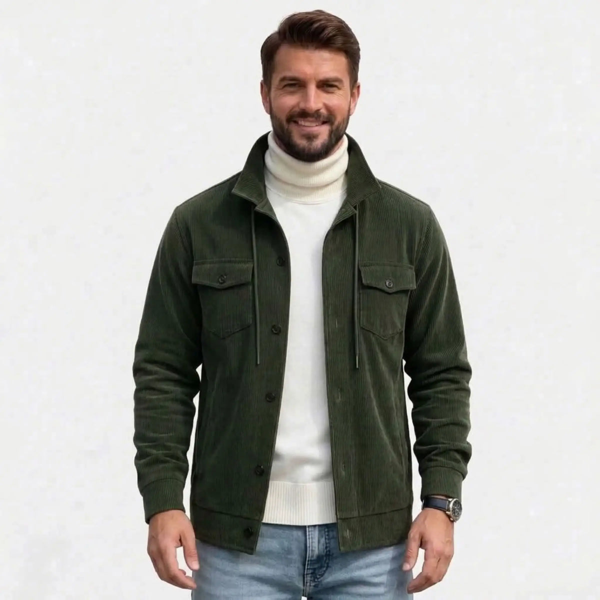 Men's army green corduroy jacket, front view over white turtleneck
