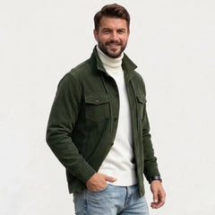 Men's army green corduroy jacket, side view
