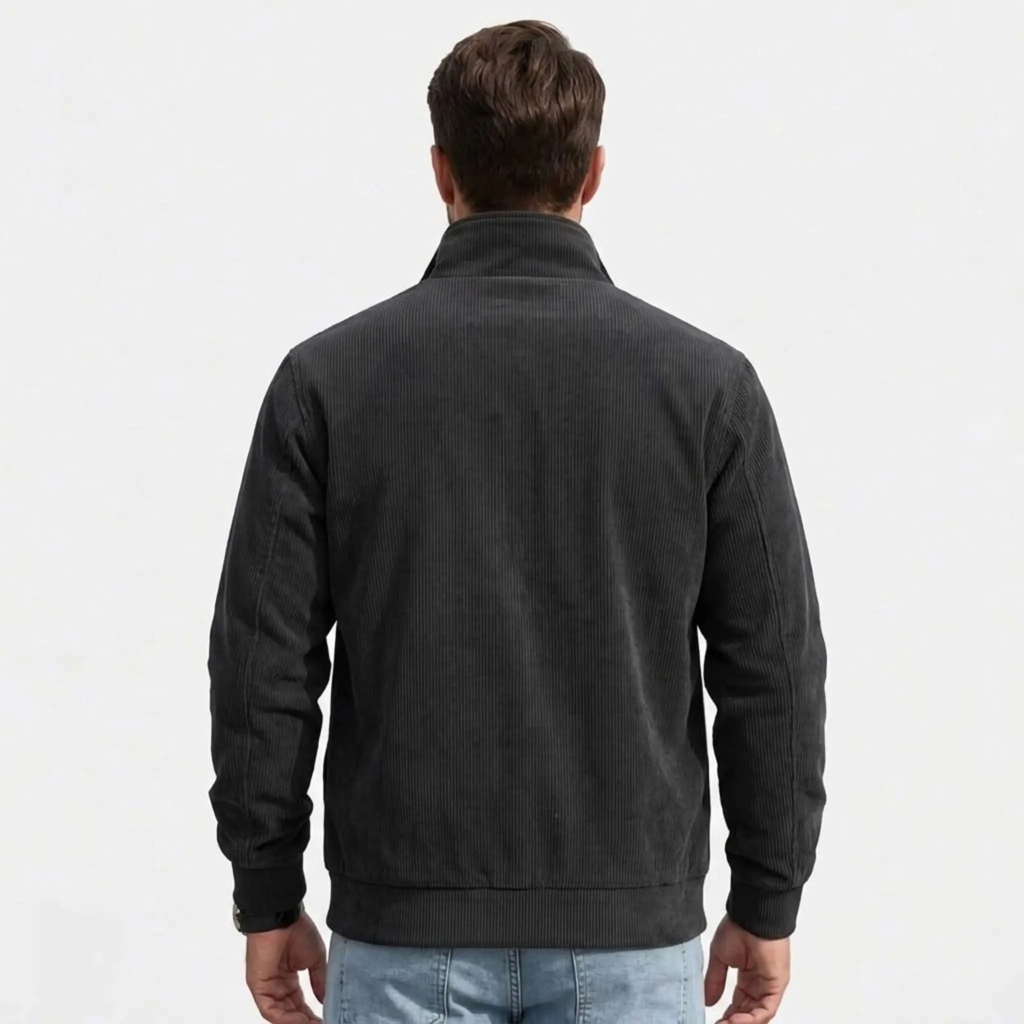 Men's black corduroy jacket, back view