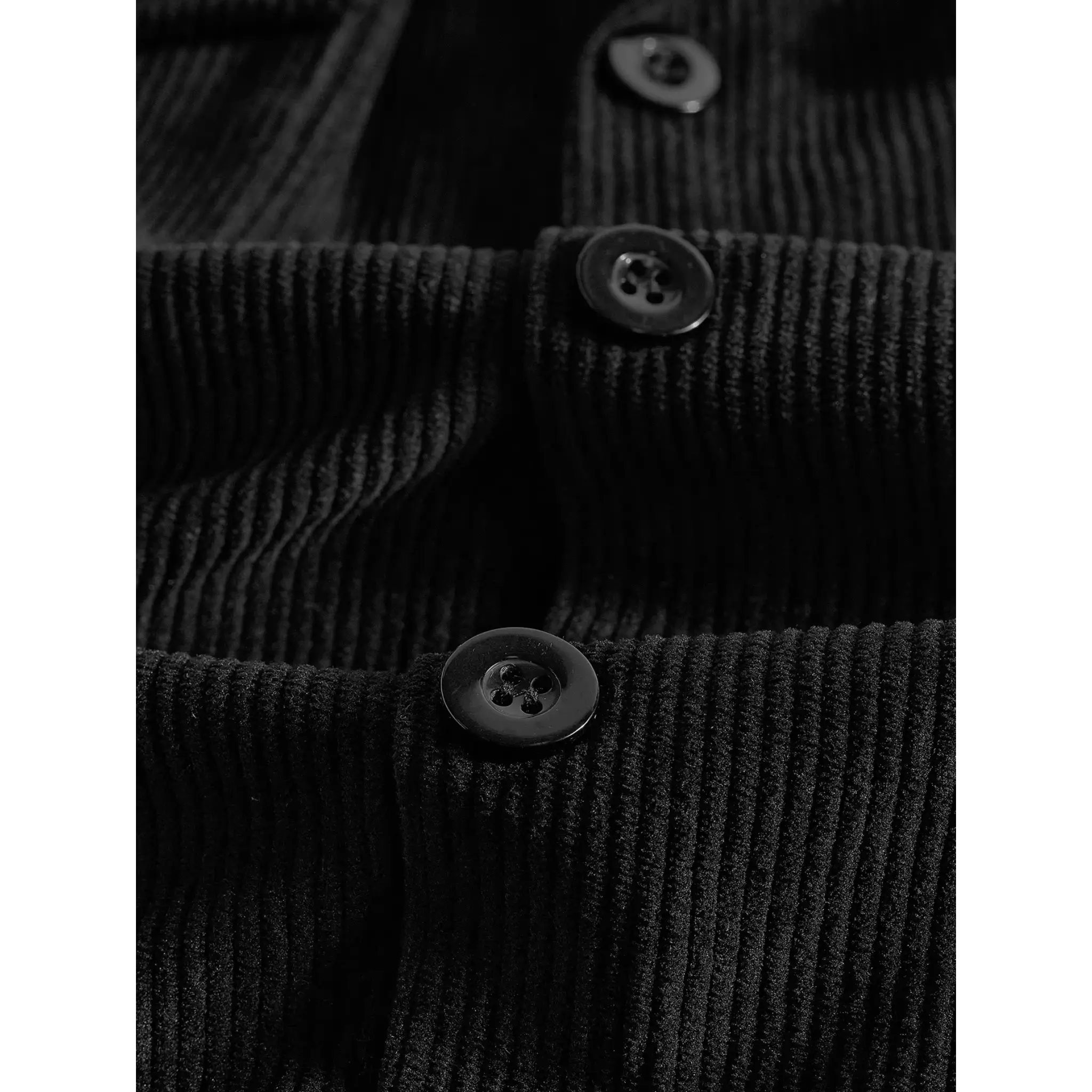 Black corduroy jacket close-up of button placket and ribbed fabric