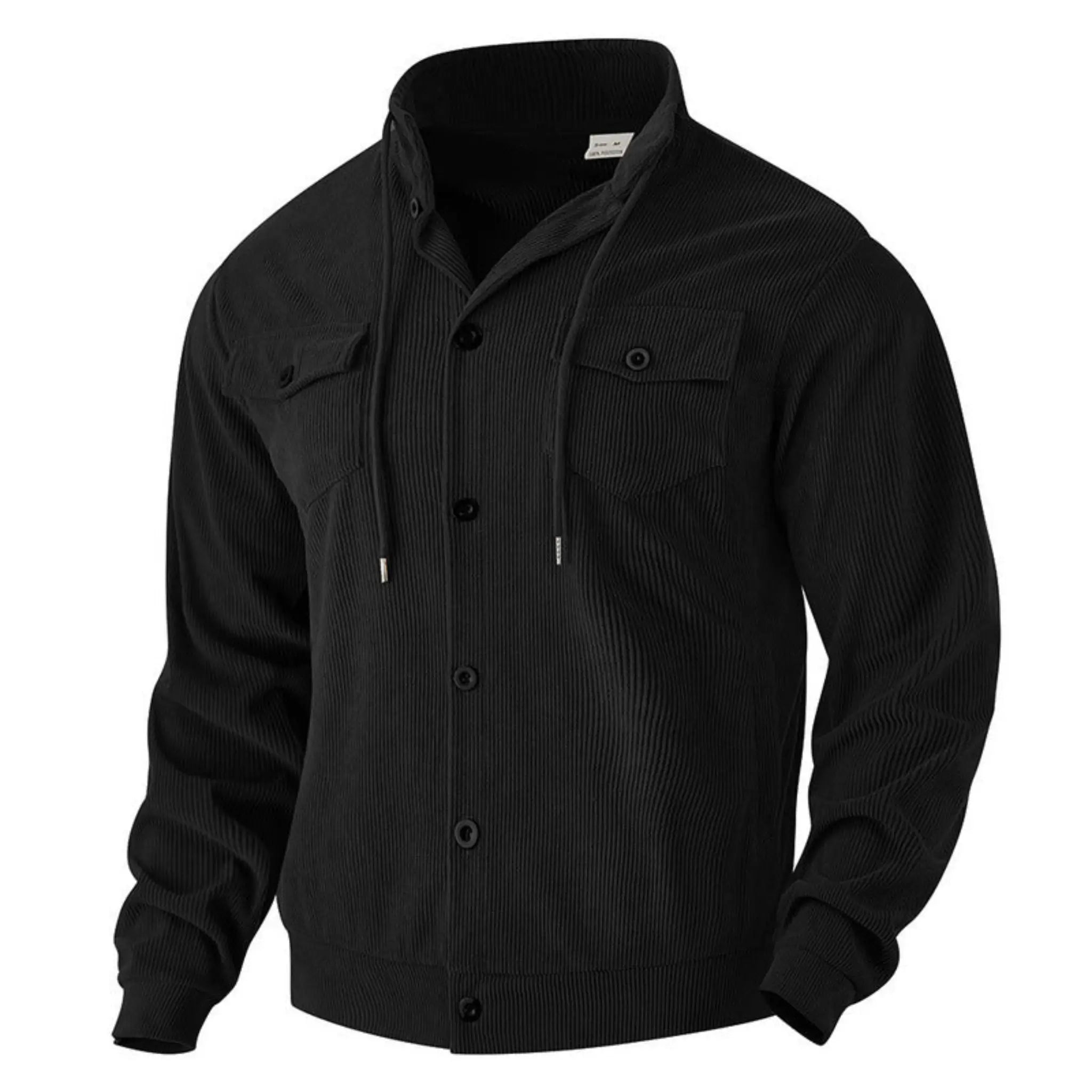Black corduroy jacket flat lay, angled front view
