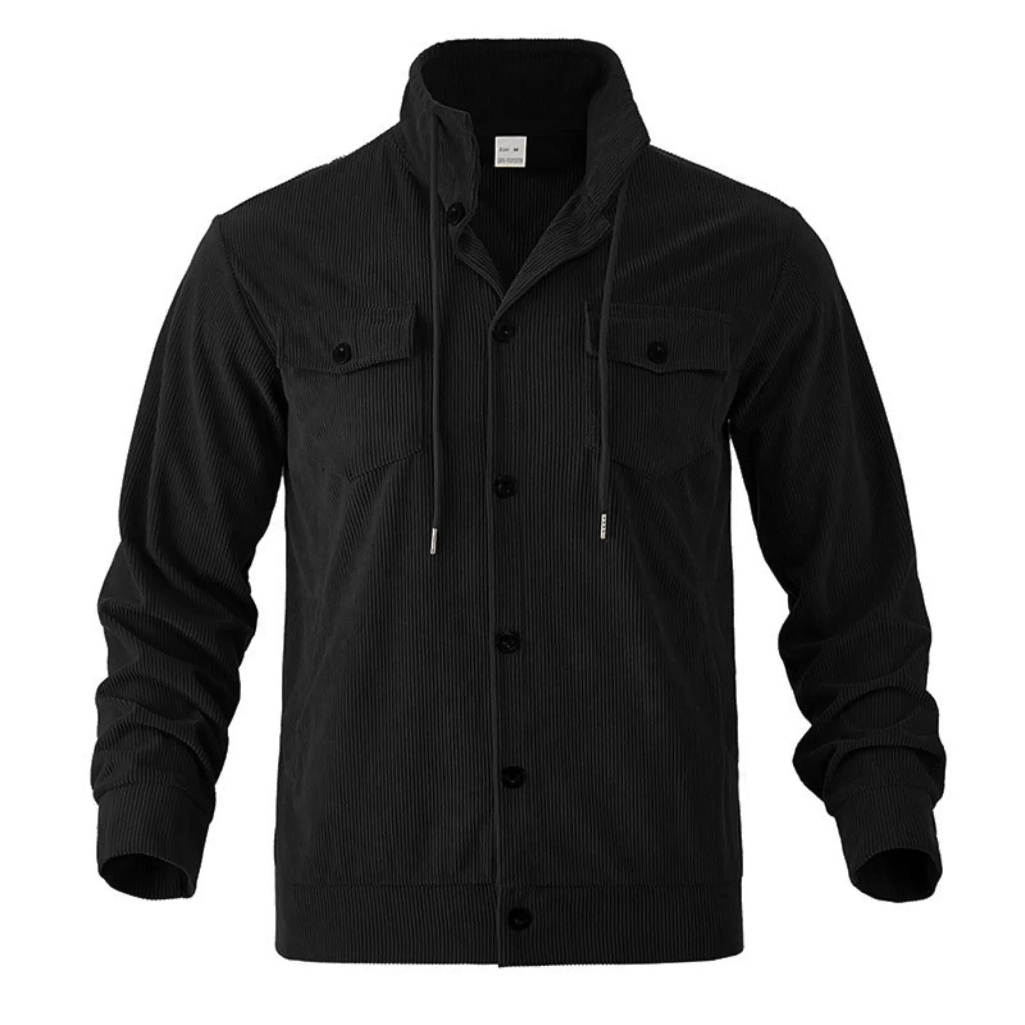 Black corduroy jacket flat lay showing stand collar and chest flap pockets