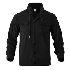 Black corduroy jacket flat lay showing stand collar and chest flap pockets
