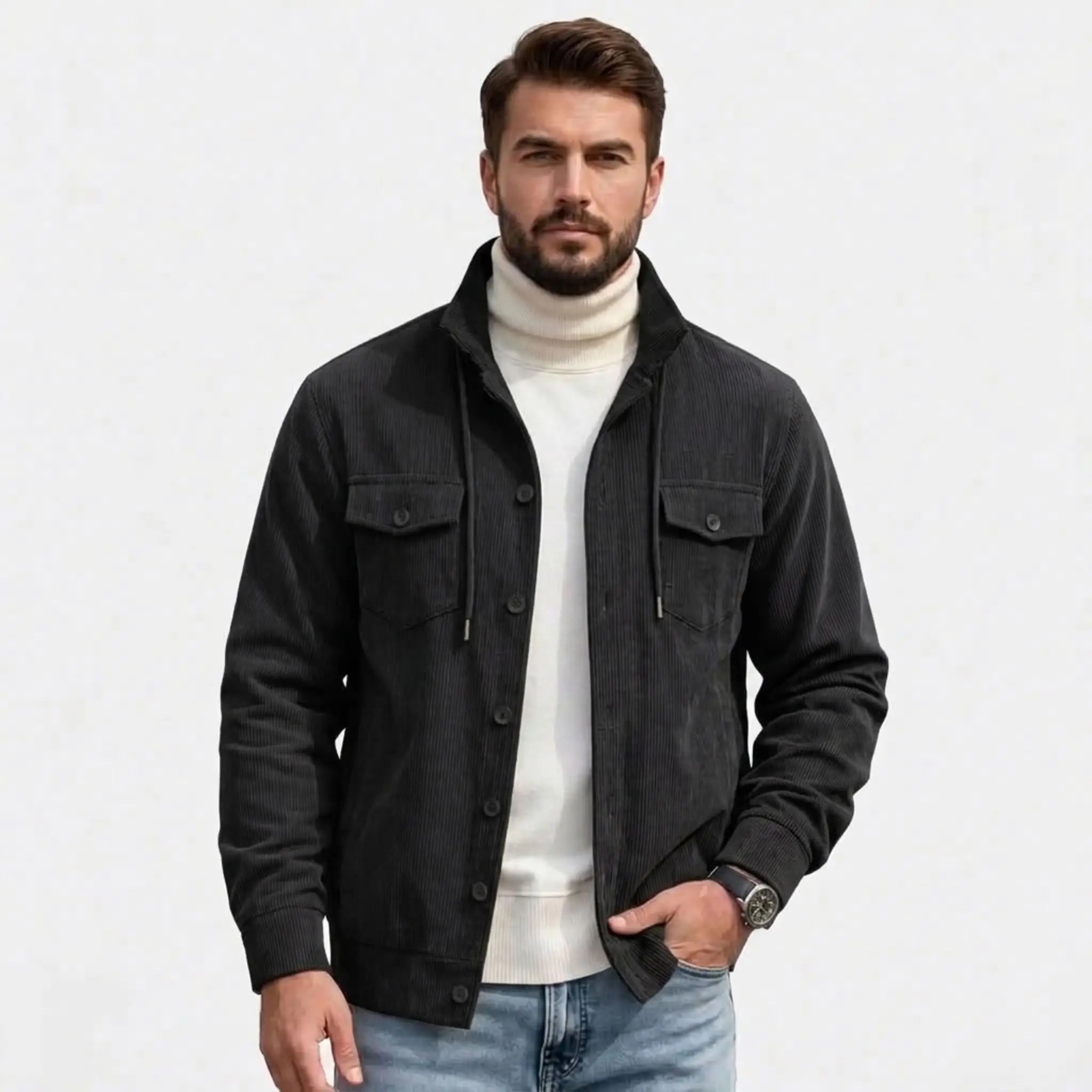 Men's black corduroy jacket, front view over white turtleneck