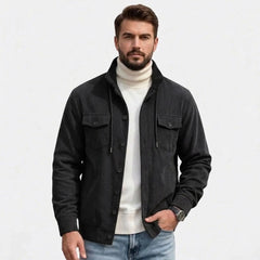 Men's black corduroy jacket, front view over white turtleneck