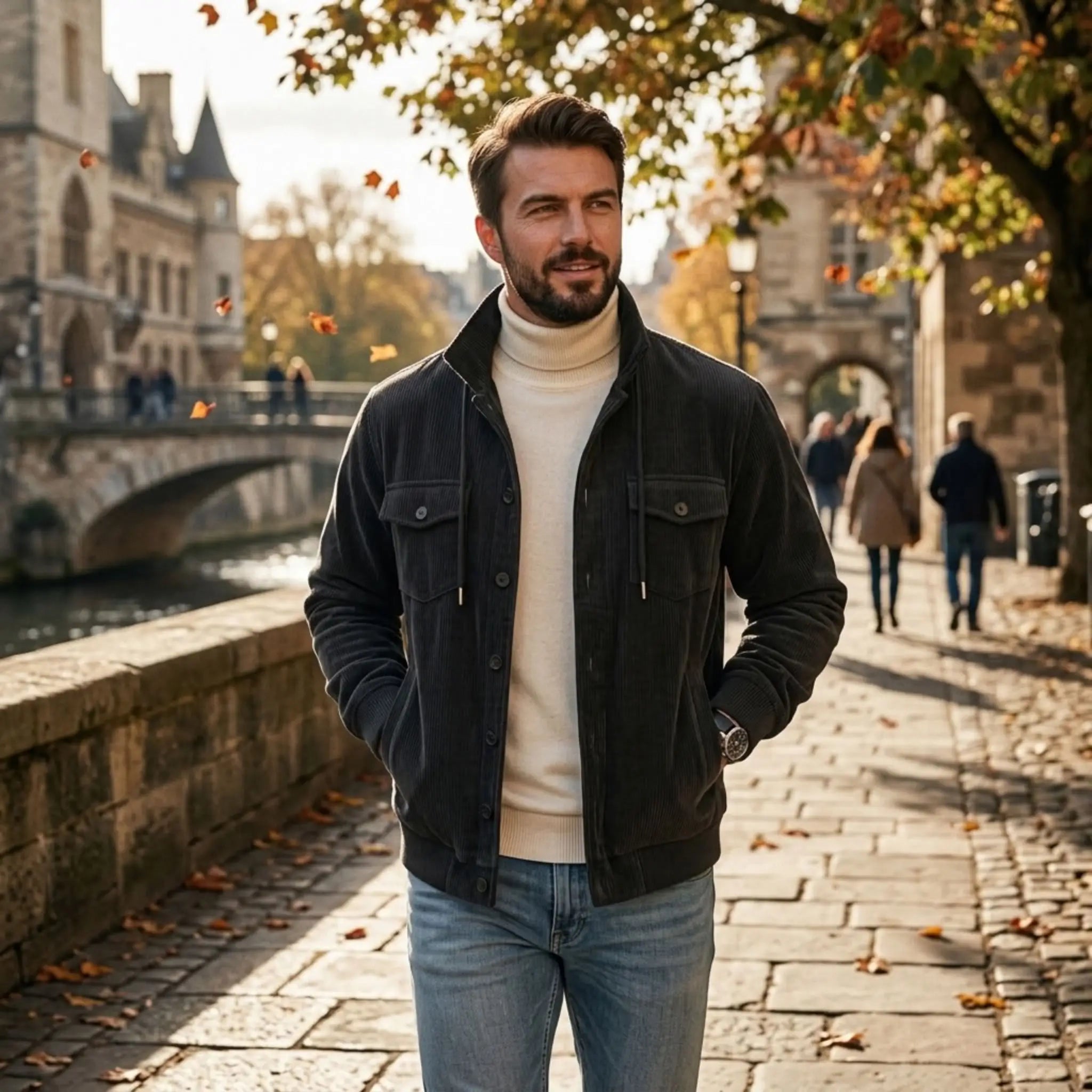 Black corduroy jacket worn on an autumn riverside promenade