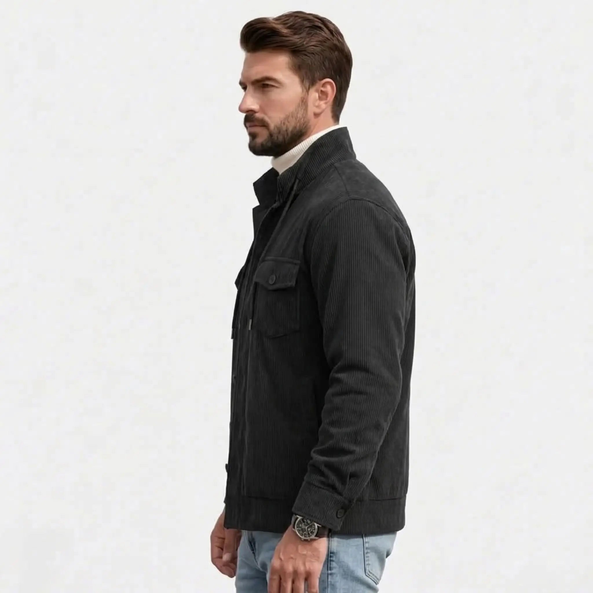 Men's black corduroy jacket, side view