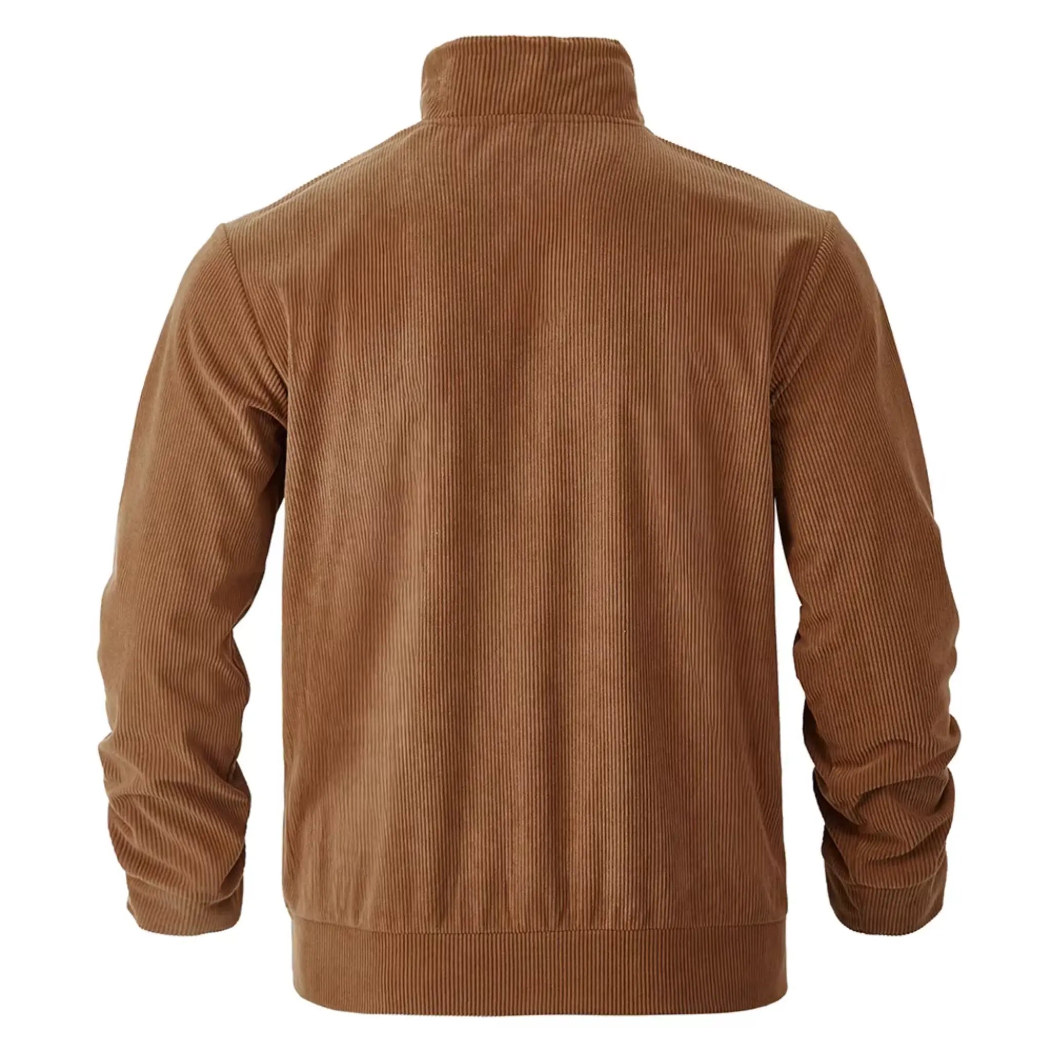 Dark brown corduroy jacket flat lay, back view with ribbed hem