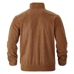 Dark brown corduroy jacket flat lay, back view with ribbed hem