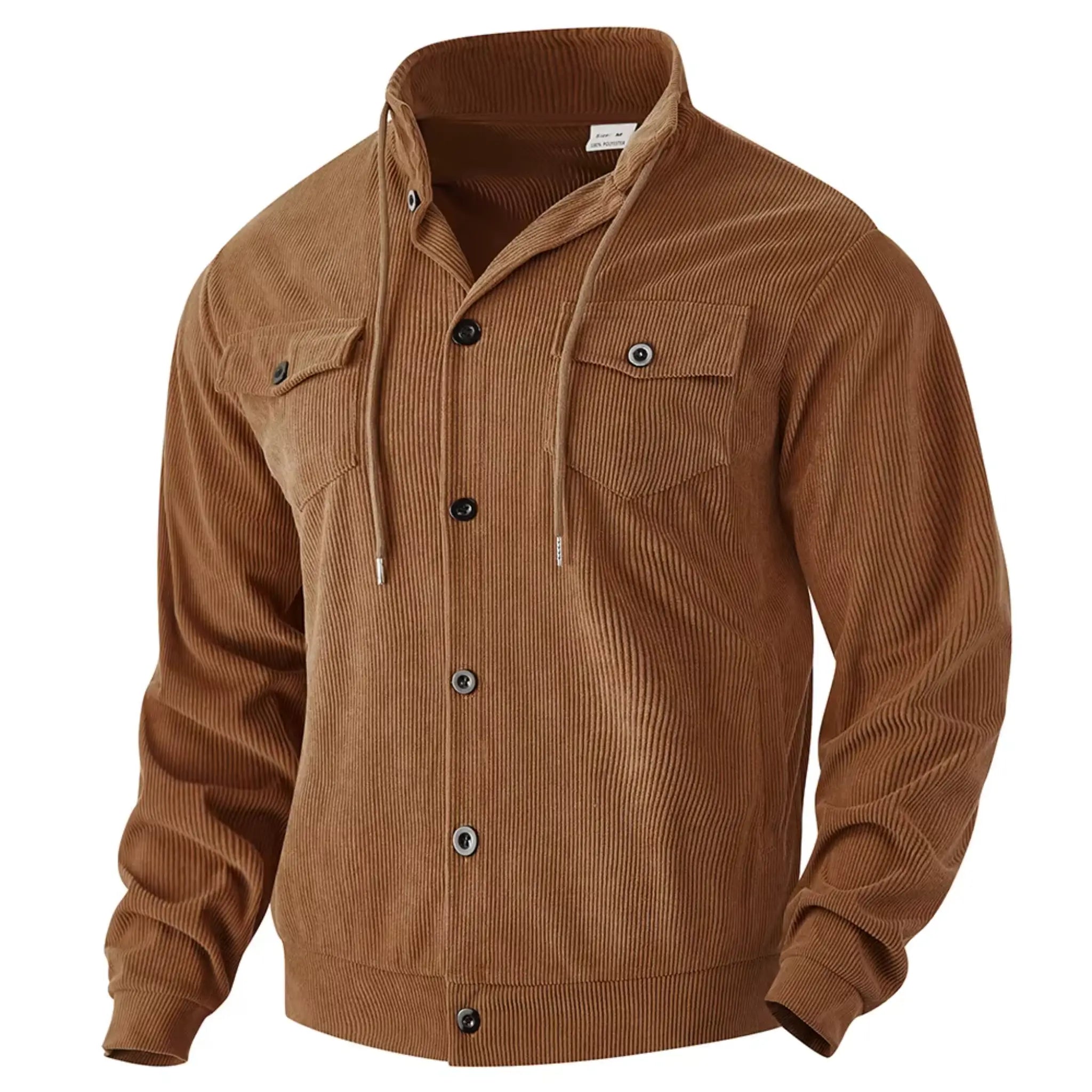 Dark brown corduroy jacket flat lay showing stand collar and chest flap pockets