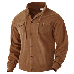 Dark brown corduroy jacket flat lay showing stand collar and chest flap pockets