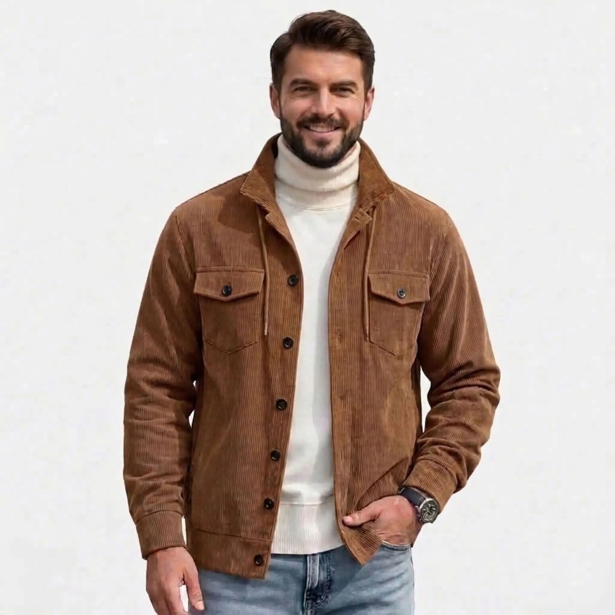 Men's dark brown corduroy jacket, front view over white turtleneck