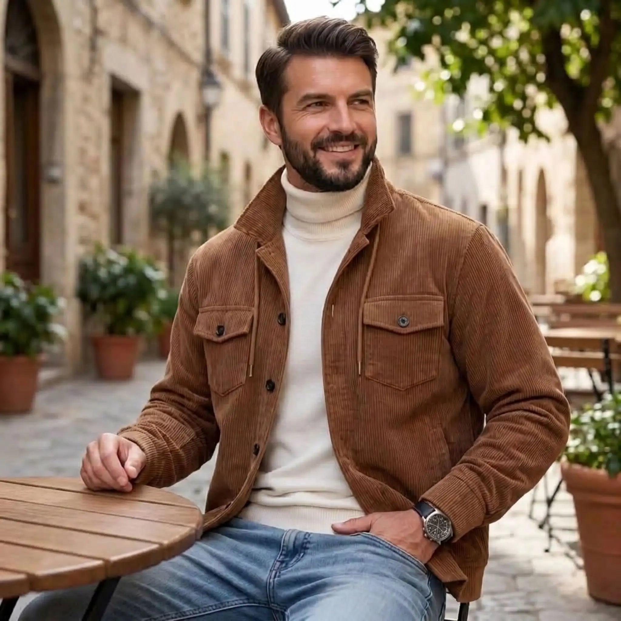 Dark brown corduroy jacket worn seated at a sunny outdoor café