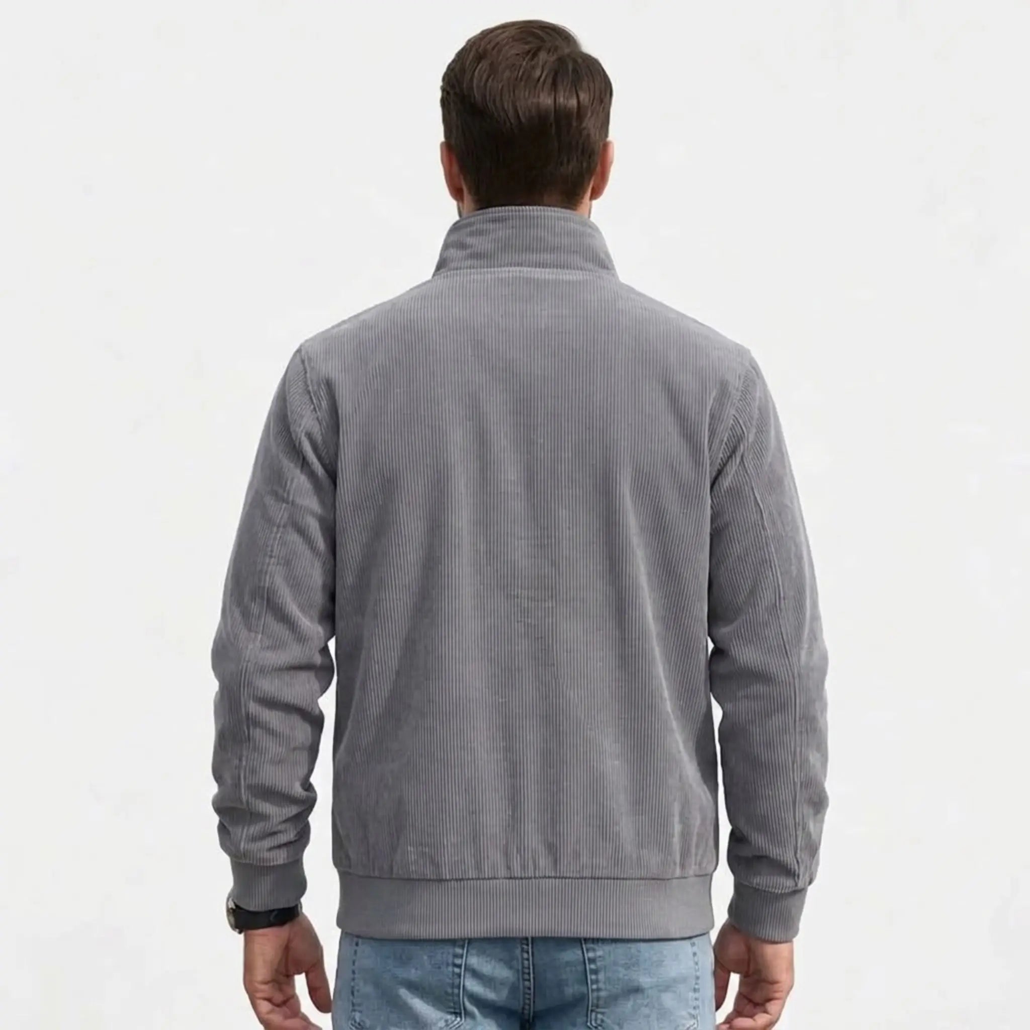 Men's gray corduroy jacket, back view