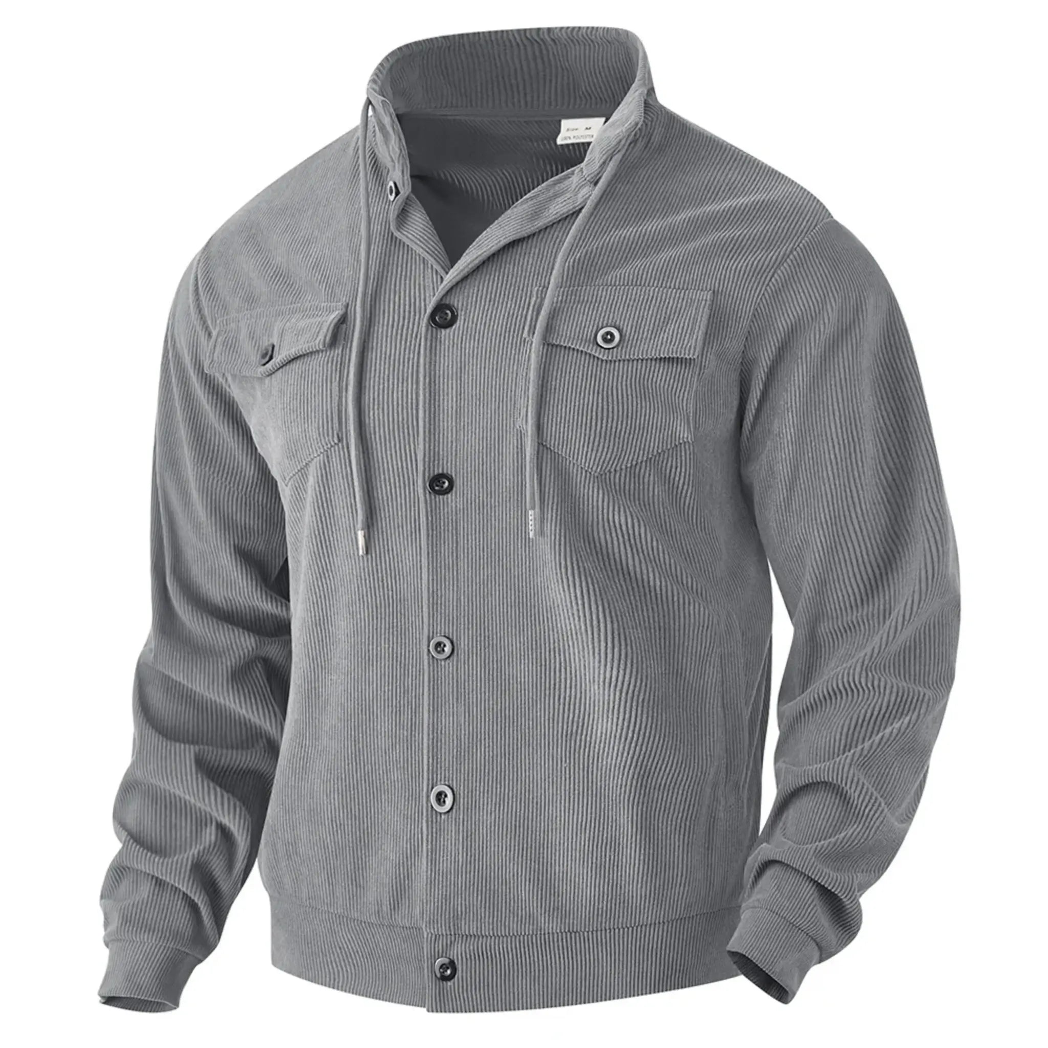 Gray corduroy jacket flat lay, angled front view