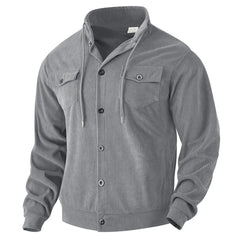 Gray corduroy jacket flat lay, angled front view