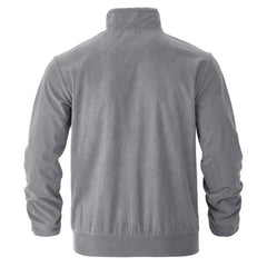 Gray corduroy jacket flat lay, back view with ribbed hem