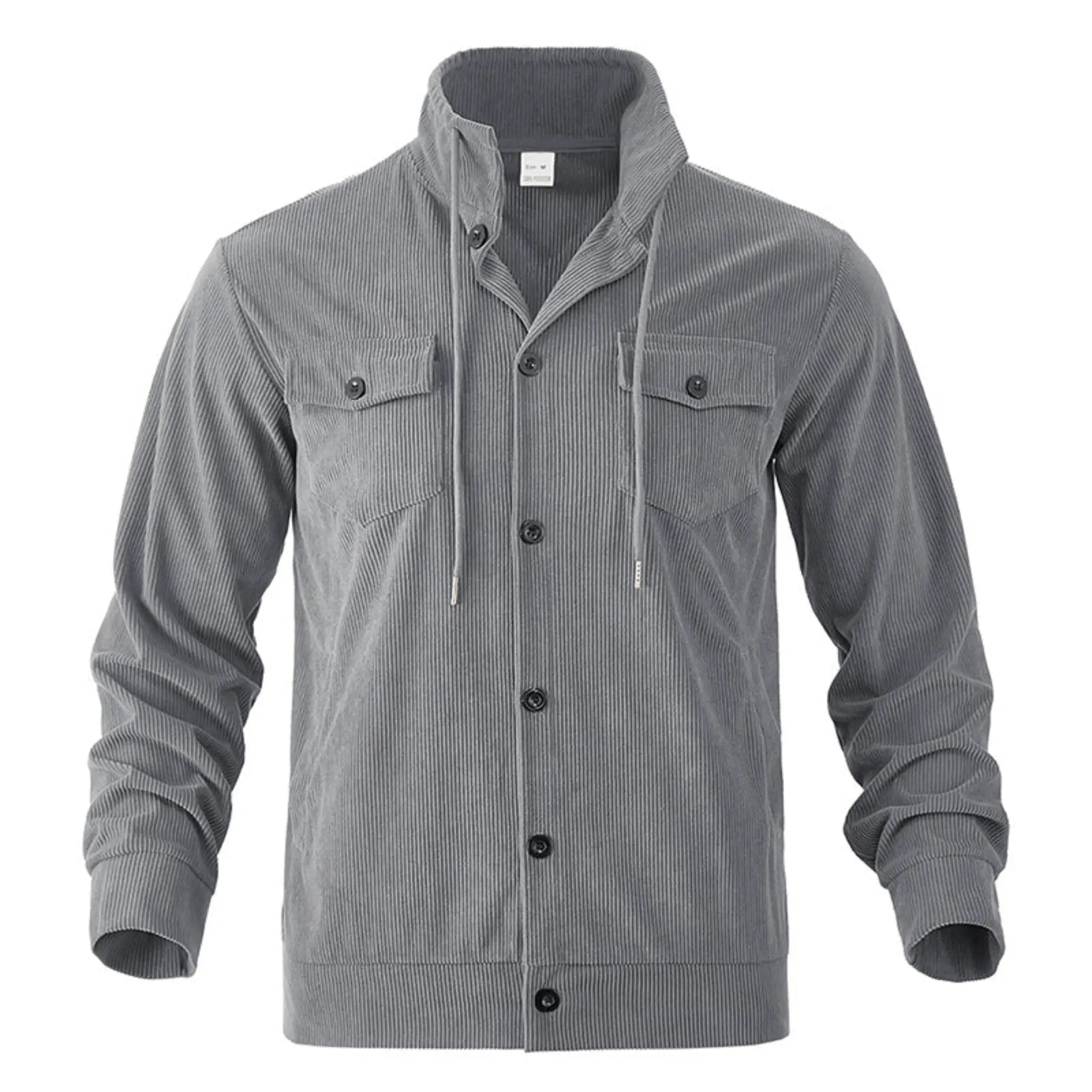 Gray corduroy jacket flat lay showing stand collar and chest flap pockets