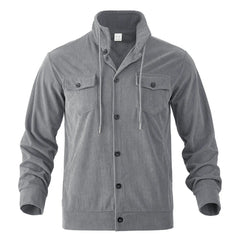 Gray corduroy jacket flat lay showing stand collar and chest flap pockets