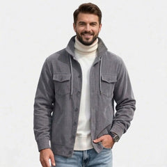 Men's gray corduroy jacket, front view over white turtleneck